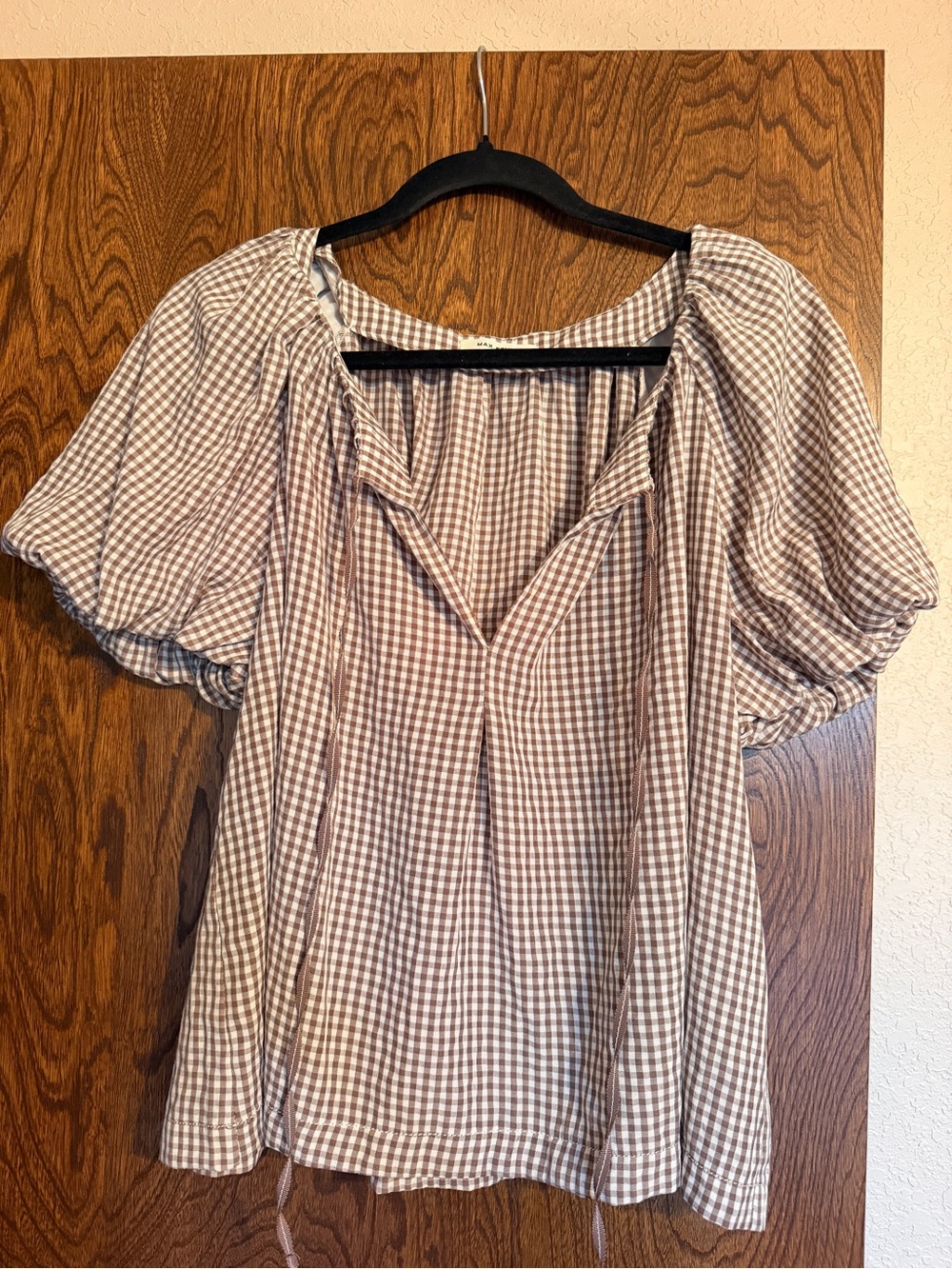 Brown Gingham Peasant Blouse - Women Tops